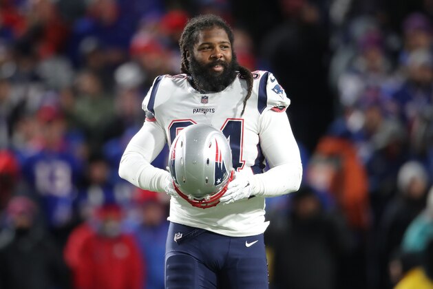 BUFFALO, NY - OCTOBER 29: Adrian Clayborn #94 of the New England Patriots during NFL game action against the Buffalo Bills at New Era Field on October 29, 2018 in Buffalo, New York. (Photo by Tom Szczerbowski/Getty Images)