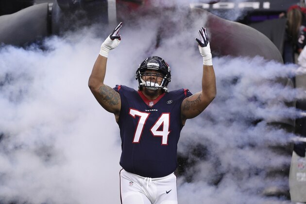 Houston Texans offensive tackle Kendall Lamm (74) before an NFL wild card playoff football game against the Indianapolis Colts, Saturday, Jan. 5, 2019, in Houston. (AP Photo/Eric Christian Smith)
