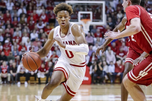 BLOOMINGTON, IN - FEBRUARY 26: Romeo Langford #0 of the Indiana Hoosiers brings the ball up court during the game against the Wisconsin Badgers at Assembly Hall on February 26, 2019 in Bloomington, Indiana. (Photo by Michael Hickey/Getty Images)