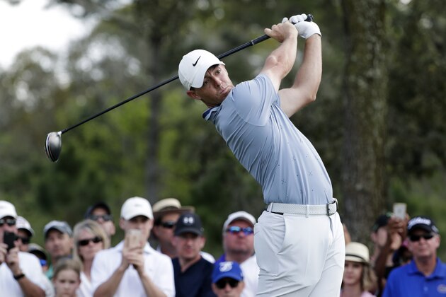 Rory McIlroy, of Northern Ireland, tees off on the ninth hole during the second round of The Players Championship golf tournament Friday, March 15, 2019, in Ponte Vedra Beach, Fla. (AP Photo/Lynne Sladky)