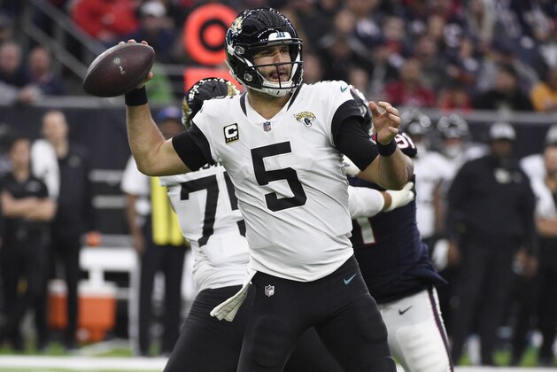 Jacksonville Jaguars quarterback Blake Bortles (5) during the second half of an NFL football game against the Houston Texans, Sunday, Dec. 30, 2018, in Houston. (AP Photo/Eric Christian Smith)