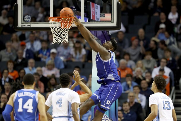 CHARLOTTE, NORTH CAROLINA - MARCH 15: Zion Williamson #1 of the Duke Blue Devils dunks the ball against the North Carolina Tar Heels during their game in the semifinals of the 2019 Men's ACC Basketball Tournament at Spectrum Center on March 15, 2019 in Charlotte, North Carolina.  (Photo by Streeter Lecka/Getty Images)
