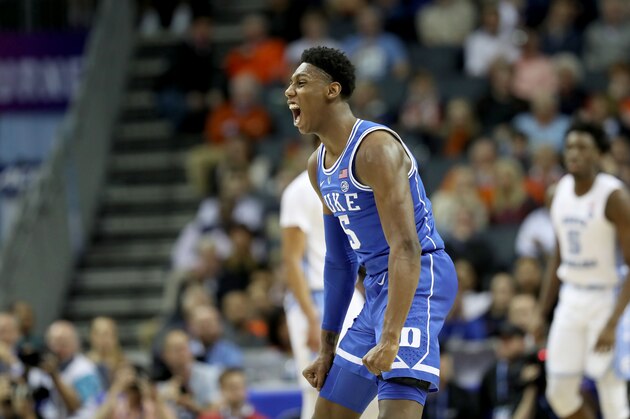 CHARLOTTE, NORTH CAROLINA - MARCH 15: RJ Barrett #5 of the Duke Blue Devils reacts against the North Carolina Tar Heels during their game in the semifinals of the 2019 Men's ACC Basketball Tournament at Spectrum Center on March 15, 2019 in Charlotte, North Carolina.  (Photo by Streeter Lecka/Getty Images)