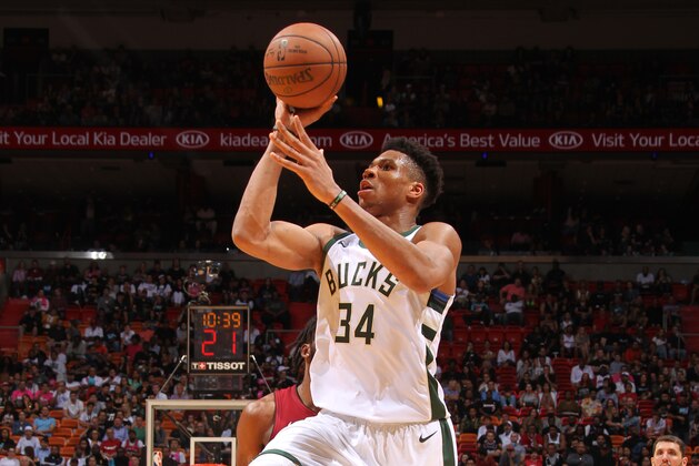 MIAMI, FL - MARCH 15: Giannis Antetokounmpo #34 of the Milwaukee Bucks shoots the ball against the Miami Heat  on March 15, 2019 at American Airlines Arena in Miami, Florida. NOTE TO USER: User expressly acknowledges and agrees that, by downloading and or using this Photograph, user is consenting to the terms and conditions of the Getty Images License Agreement. Mandatory Copyright Notice: Copyright 2019 NBAE (Photo by Oscar Baldizon/NBAE via Getty Images)