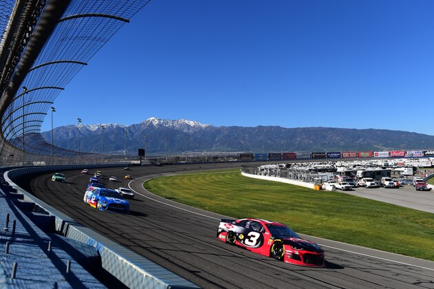 FONTANA, CA - MARCH 15:  Austin Dillon, driver of the #3 Dow Coatings Chevrolet, leads a pack of cars during qualifying for the Monster Energy NASCAR Cup Series Auto Club 400 at Auto Club Speedway on March 15, 2019 in Fontana, California.  (Photo by Jared C. Tilton/Getty Images)