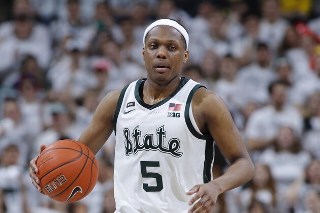 Michigan State guard Cassius Winston brings the ball up court during the second half of an NCAA college basketball game against Michigan, Saturday, March 9, 2019, in East Lansing, Mich. (AP Photo/Al Goldis)