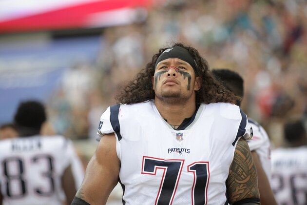 New England Patriots defensive tackle Danny Shelton (71) watches from the sideline before an NFL football game against the Jacksonville Jaguars Sunday, Sept. 16, 2018, in Jacksonville, Fla. (AP Photo/Phelan M. Ebenhack)