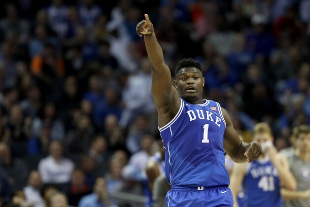 CHARLOTTE, NORTH CAROLINA - MARCH 15: Zion Williamson #1 of the Duke Blue Devils during their game in the semifinals of the 2019 Men's ACC Basketball Tournament at Spectrum Center on March 15, 2019 in Charlotte, North Carolina.  (Photo by Streeter Lecka/Getty Images)