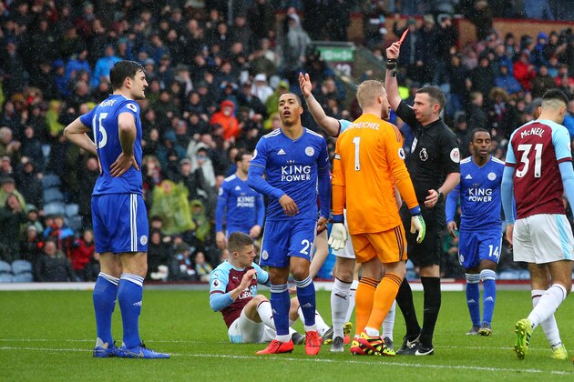 BURNLEY, ENGLAND - MARCH 16: Harry Maguire of Leicester City is shown a red card by referee Michael Oliver during the Premier League match between Burnley FC and Leicester City at Turf Moor on March 16, 2019 in Burnley, United Kingdom. (Photo by Alex Livesey/Getty Images)
