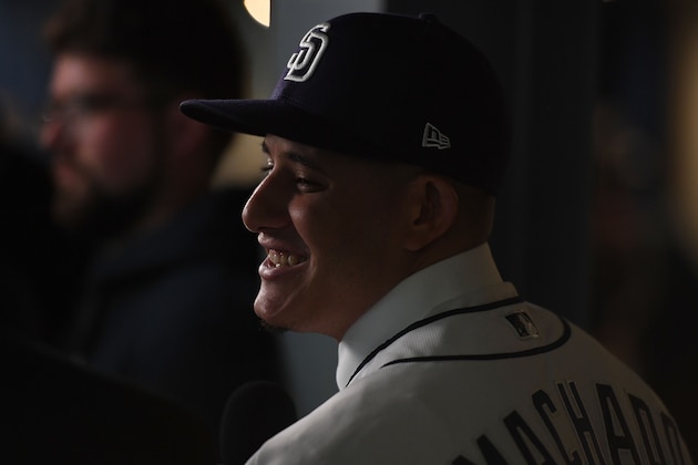 PEORIA, ARIZONA - FEBRUARY 22: Manny Machado #8 of the San Diego Padres talks with the media during a press conference at Peoria Stadium on February 22, 2019 in Peoria, Arizona. (Photo by Jennifer Stewart/Getty Images)