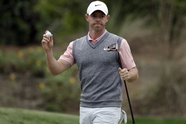 Rory McIlroy, of Northern Ireland, celebrates a birdie on the eighth hole during the third round of The Players Championship golf tournament Saturday, March 16, 2019, in Ponte Vedra Beach, Fla. (AP Photo/Lynne Sladky)