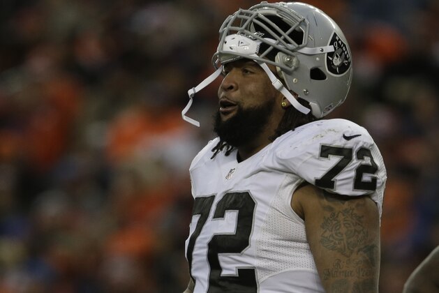 Oakland Raiders tackle Donald Penn during an NFL football game against the Denver Broncos, Sunday, Jan. 1, 2017, in Denver. (AP Photo/Joe Mahoney)