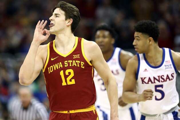 KANSAS CITY, MISSOURI - MARCH 16:  Michael Jacobson #12 of the Iowa State Cyclones reacts after making a three-pointer during the Big 12 Basketball Tournament Finals against the Kansas Jayhawks at Sprint Center on March 16, 2019 in Kansas City, Missouri. (Photo by Jamie Squire/Getty Images)
