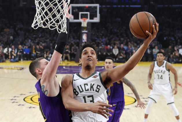 Milwaukee Bucks guard Malcolm Brogdon shoots as Los Angeles Lakers forward Mike Muscala, left, defends during the first half of an NBA basketball game Friday, March 1, 2019, in Los Angeles. (AP Photo/Mark J. Terrill)
