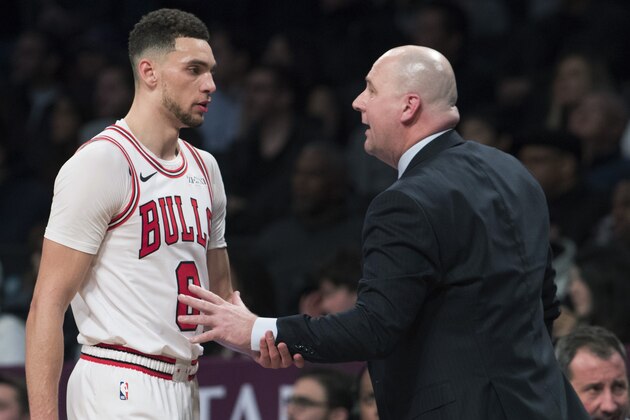 Chicago Bulls guard Zach LaVine talks to coach Jim Boylen during the second half of the team's NBA basketball game against the Brooklyn Nets, Friday, Feb. 8, 2019, in New York. The Bulls won 125-106. (AP Photo/Mary Altaffer)/