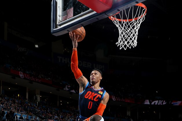OKLAHOMA CITY, OK- MARCH 16: Russell Westbrook #0 of the Oklahoma City Thunder shoots the ball during the game against the Golden State Warriors on March 16, 2019 at Chesapeake Energy Arena in Oklahoma City, Oklahoma. NOTE TO USER: User expressly acknowledges and agrees that, by downloading and or using this photograph, User is consenting to the terms and conditions of the Getty Images License Agreement. Mandatory Copyright Notice: Copyright 2019 NBAE (Photo by Zach Beeker/NBAE via Getty Images)