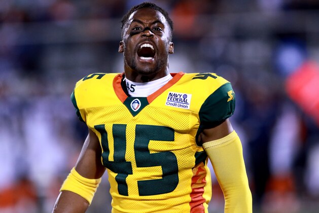 ORLANDO, FLORIDA - MARCH 16:  Rahim Moore #45 of the Arizona Hotshots reacts during the fourth quarter of the Alliance of American Football game against the Orlando Apollos at Spectrum Stadium on March 16, 2019 in Orlando, Florida. (Photo by Harry Aaron/AAF/Getty Images)