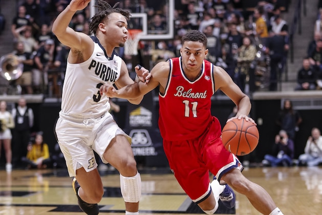 WEST LAFAYETTE, IN - DECEMBER 29: Kevin McClain #11 of the Belmont Bruins drives to the basket during the game against Carsen Edwards #3 of the Purdue Boilermakers at Mackey Arena on December 29, 2018 in West Lafayette, Indiana. (Photo by Michael Hickey/Getty Images)