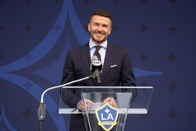 David Beckham attends an LA Galaxy David Beckham statue MLS soccer ceremony at Legends Plaza in front of Dignity Health Sports Park in Carson, Calif., Saturday, March 2, 2019. (AP Photo/Ringo H.W. Chiu)