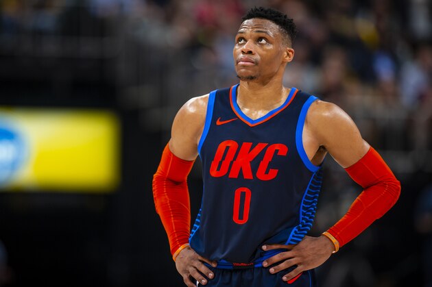 INDIANAPOLIS, IN - MARCH 14:  Russell Westbrook #0 of the Oklahoma City Thunder looks on against the Indiana Pacers on March 14, 2019 at Bankers Life Fieldhouse in Indianapolis, Indiana. NOTE TO USER: User expressly acknowledges and agrees that, by downloading and or using this Photograph, user is consenting to the terms and conditions of the Getty Images License Agreement. Mandatory Copyright Notice: Copyright 2019 NBAE (Photo by Zach Beeker/NBAE via Getty Images)
