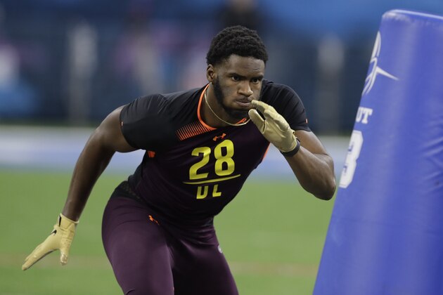 Florida State defensive lineman Brian Burns runs a drill during the NFL football scouting combine, Sunday, March 3, 2019, in Indianapolis. (AP Photo/Darron Cummings)