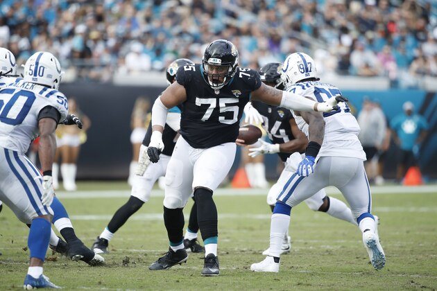 JACKSONVILLE, FL - DECEMBER 02: Ereck Flowers #75 of the Jacksonville Jaguars blocks during the game against the Indianapolis Colts at TIAA Bank Field on December 2, 2018 in Jacksonville, Florida. The Jaguars won 6-0. (Photo by Joe Robbins/Getty Images)
