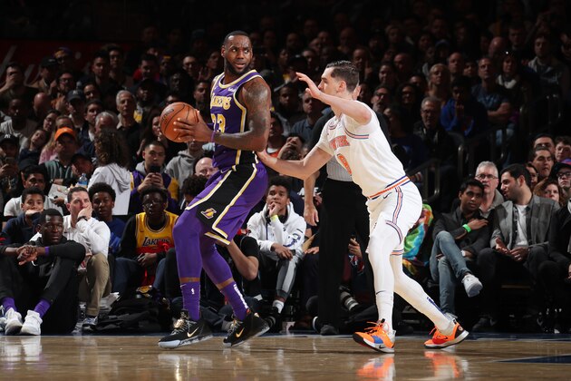 NEW YORK, NY MARCH 17:  LeBron James #23 of the Los Angeles Lakers handles the ball against the New York Knicks on March 17, 2019 at Madison Square Garden in New York City, New York.  NOTE TO USER: User expressly acknowledges and agrees that, by downloading and or using this photograph, User is consenting to the terms and conditions of the Getty Images License Agreement. Mandatory Copyright Notice: Copyright 2019 NBAE  (Photo by Nathaniel S. Butler/NBAE via Getty Images)