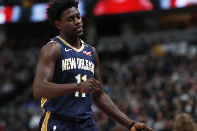 New Orleans Pelicans guard Jrue Holiday (11) in the first half of an NBA basketball game Saturday, March 2, 2019, in Denver. (AP Photo/David Zalubowski)