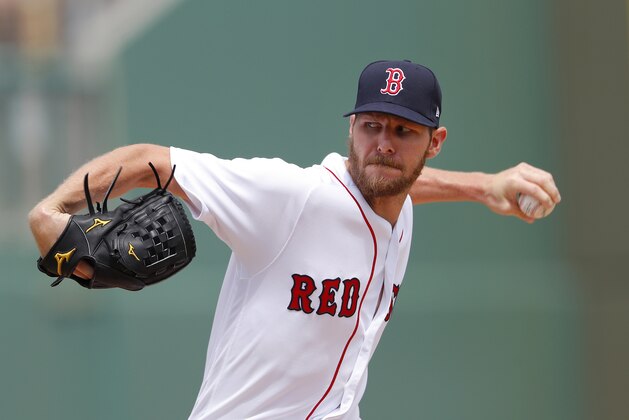 Boston Red Sox starting pitcher Chris Sale (41) works in the first inning of a spring training baseball game against the Atlanta Braves Saturday, March 16, 2019, in Fort Myers, Fla. (AP Photo/John Bazemore)