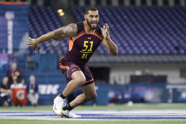 Mississippi State defensive lineman Montez Sweat runs a drill at the NFL football scouting combine in Indianapolis, Sunday, March 3, 2019. (AP Photo/Michael Conroy)
