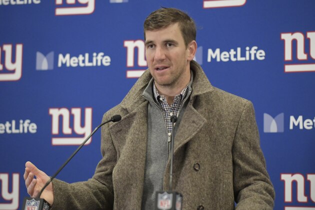 New York Giants quarterback Eli Manning speaks to reporters after an NFL football game against the Dallas Cowboys, Sunday, Dec. 30, 2018, in East Rutherford, N.J. The Cowboys defeated the Giants 36-35. (AP Photo/Bill Kostroun)
