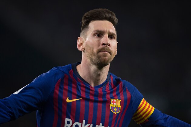 Barcelona's Argentinian forward Lionel Messi celebrates his third goal during the Spanish league football match between Real Betis and FC Barcelona at the Benito Villamarin stadium in Seville on March 17, 2019. (Photo by JORGE GUERRERO / AFP)        (Photo credit should read JORGE GUERRERO/AFP/Getty Images)