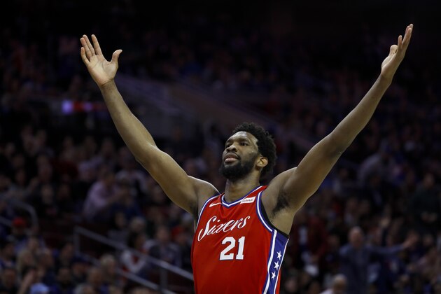 Philadelphia 76ers' Joel Embiid celebrates after a basket during the second half of an NBA basketball game against the Sacramento Kings, Friday, March 15, 2019, in Philadelphia. Philadelphia won 123-114. (AP Photo/Matt Slocum)