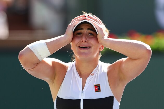 INDIAN WELLS, CALIFORNIA - MARCH 17: Bianca Andreescu of Canada celebrates her women's singles final victory against Angelique Kerber of Germany on day fourteen of the BNP Paribas Open at the Indian Wells Tennis Garden on March 17, 2019 in Indian Wells, California. (Photo by Clive Brunskill/Getty Images)