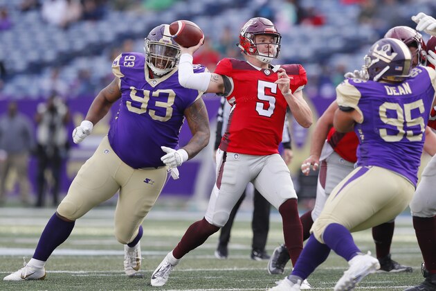 ATLANTA, GEORGIA - MARCH 17:  Logan Woodside #5 of the San Antonio Commanders attempts a pass against the Atlanta Legends during the second half in the Alliance of American Football game at Georgia State Stadium on March 17, 2019 in Atlanta, Georgia. (Photo by Kevin C. Cox/AAF/Getty Images)