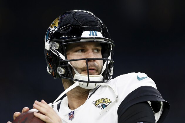 HOUSTON, TX - DECEMBER 30:  Blake Bortles #5 of the Jacksonville Jaguars warms up before the game against the Houston Texans at NRG Stadium on December 30, 2018 in Houston, Texas.  (Photo by Tim Warner/Getty Images)