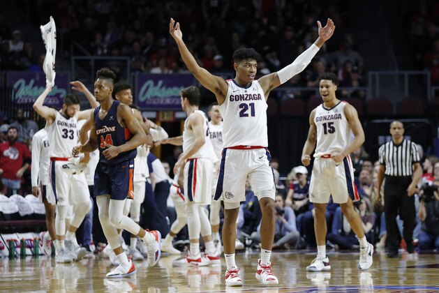 Gonzaga's Rui Hachimura (21) celebrates after a play against Pepperdine during the first half of an NCAA semifinal college basketball game at the West Coast Conference tournament, Monday, March 11, 2019, in Las Vegas. (AP Photo/John Locher)