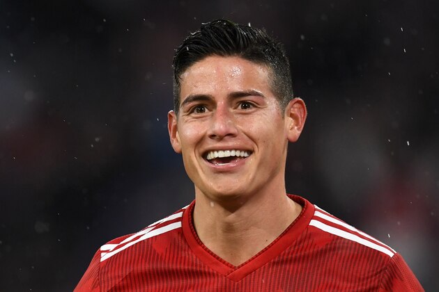 Bayern Munich's Colombian James Rodriguez reacts after scoring his third goal during the German first division Bundesliga football match FC Bayern Munich v FSV Mainz 05 in Munich, southern Germany on March 17, 2019. (Photo by Christof STACHE / AFP) / RESTRICTIONS: DFL REGULATIONS PROHIBIT ANY USE OF PHOTOGRAPHS AS IMAGE SEQUENCES AND/OR QUASI-VIDEO        (Photo credit should read CHRISTOF STACHE/AFP/Getty Images)