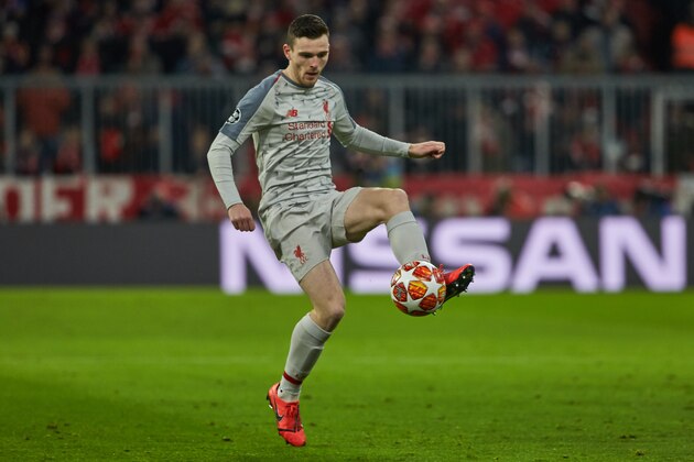 MUNICH, GERMANY - MARCH 13: Andy Robertson of Liverpool controls the ball during the UEFA Champions League Round of 16 Second Leg match between FC Bayern Muenchen and Liverpool at Allianz Arena on March 13, 2019 in Munich, Germany. (Photo by TF-Images/Getty Images)