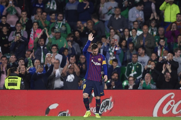 SEVILLE, SPAIN - MARCH 17: Lionel Messi of FC Barcelona celebrates after scoring his team's fourth goal during the La Liga match between Real Betis Balompie and FC Barcelona at Estadio Benito Villamarin on March 17, 2019 in Seville, Spain. (Photo by Quality Sport Images/Getty Images)