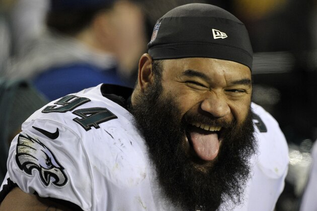Philadelphia Eagles defensive tackle Haloti Ngata smiles while on the bench during an NFL football game against the Washington Redskins, Sunday, Dec. 30, 2018, in Landover, Md. (AP Photo/Mark Tenally)