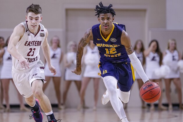 RICHMOND, KY - FEBRUARY 16: Ja Morant #12 of the Murray State Racers brings the ball up court during the game against the Eastern Kentucky Colonels at CFSB Center on February 16, 2019 in Murray, Kentucky. (Photo by Michael Hickey/Getty Images)