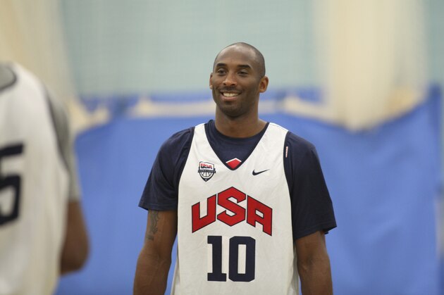LONDON, ENGLAND - AUGUST 11: Kobe Bryant #10 of the USA Men's Senior National Basketball Team relaxes during practice on Day 15 of the London 2012 Olympic Games at North London University on August 11, 2012 in London, England. NOTE TO USER: User expressly acknowledges and agrees that, by downloading and/or using this Photograph, user is consenting to the terms and conditions of the Getty Images License Agreement. Mandatory Copyright Notice: Copyright 2012 NBAE (Photo by Garrett W. Ellwood/NBAE via Getty Images)