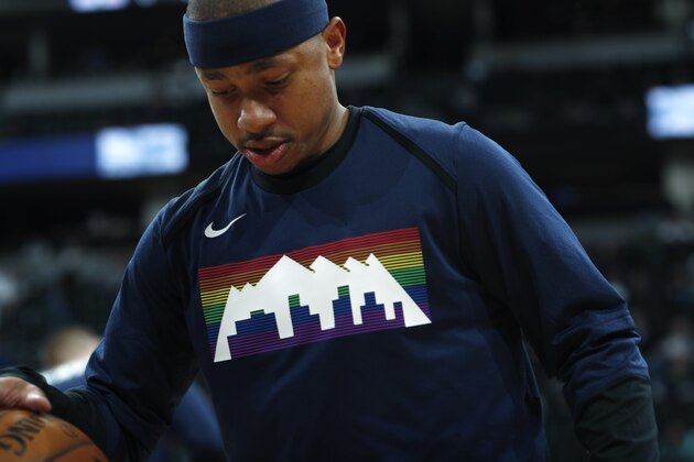 Denver Nuggets guard Isaiah Thomas (0) in the first half of an NBA basketball game Saturday, March 16, 2019, in Denver. (AP Photo/David Zalubowski)