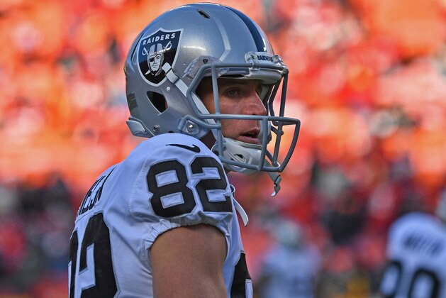 KANSAS CITY, MO - DECEMBER 30: Wide receiver Jordy Nelson #82 of the Oakland Raiders looks on prior to a game against the Kansas City Chiefs at Arrowhead Stadium on December 30, 2018 in Kansas City, Missouri. (Photo by Peter G. Aiken/Getty Images)
