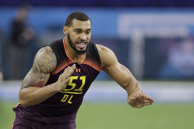 Mississippi State defensive lineman Montez Sweat runs a drill during the NFL football scouting combine, Sunday, March 3, 2019, in Indianapolis. (AP Photo/Darron Cummings)
