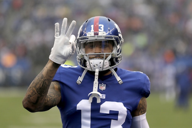 New York Giants wide receiver Odell Beckham gestures prior to an NFL football game against the Chicago Bears, Sunday, Dec. 2, 2018, in East Rutherford, N.J. (AP Photo/Seth Wenig)