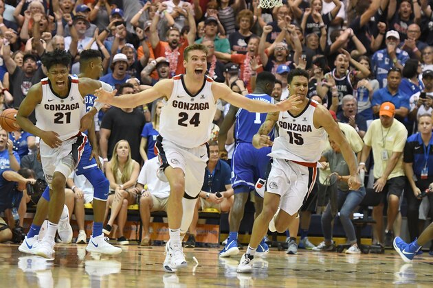 LAHAINA, HI - NOVEMBER 21:  Corey Kispert #24 of the Gonzaga Bulldogs celebrates a win after the finals of the Maui Invitational college basketball game against the Duke Blue Devils at the Lahaina Civic Center on November 21, 2018 in Lahaina Hawaii.  (Photo by Mitchell Layton/Getty Images)