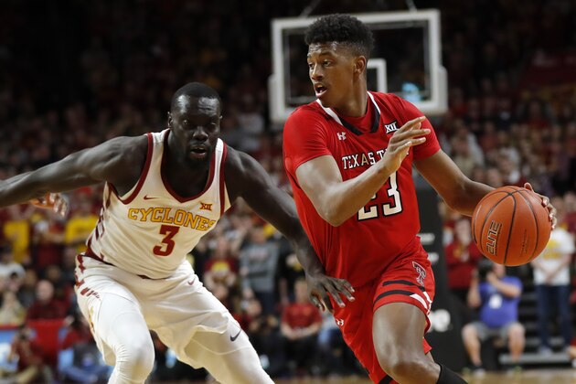 Texas Tech guard Jarrett Culver drives past Iowa State guard Marial Shayok, left, during the second half of an NCAA college basketball game, Saturday, March 9, 2019, in Ames, Iowa. Texas Tech won 80-73. (AP Photo/Charlie Neibergall)