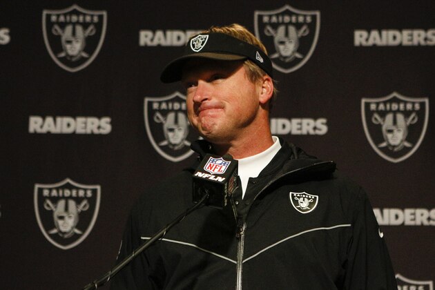 Oakland Raiders head coach Jon Gruden speaks to reporters during a news conference after an NFL football game against the Cincinnati Bengals, Sunday, Dec. 16, 2018, in Cincinnati. (AP Photo/Frank Victores)